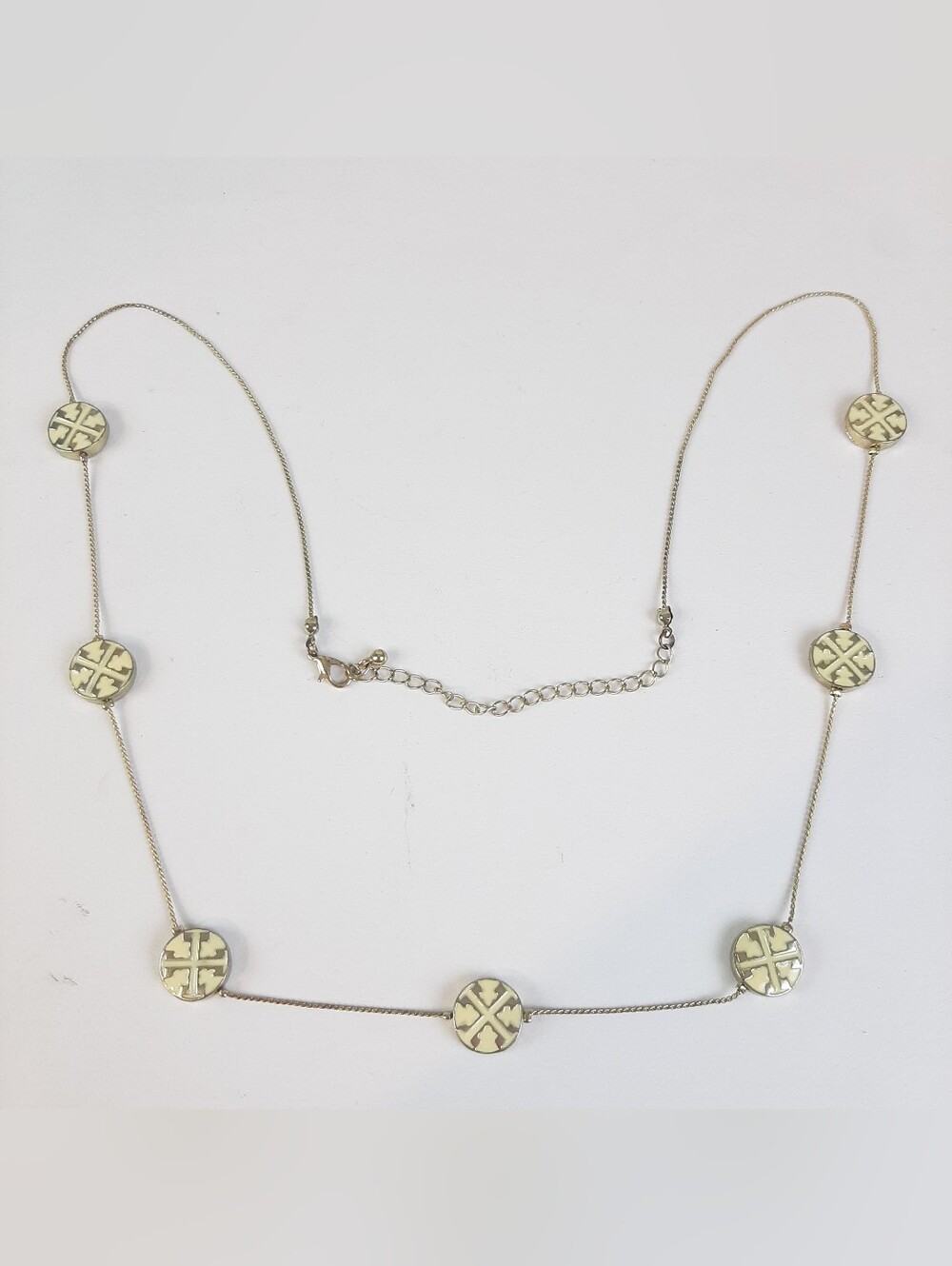 Beige and gold tone designer inspired medallion fashion necklace